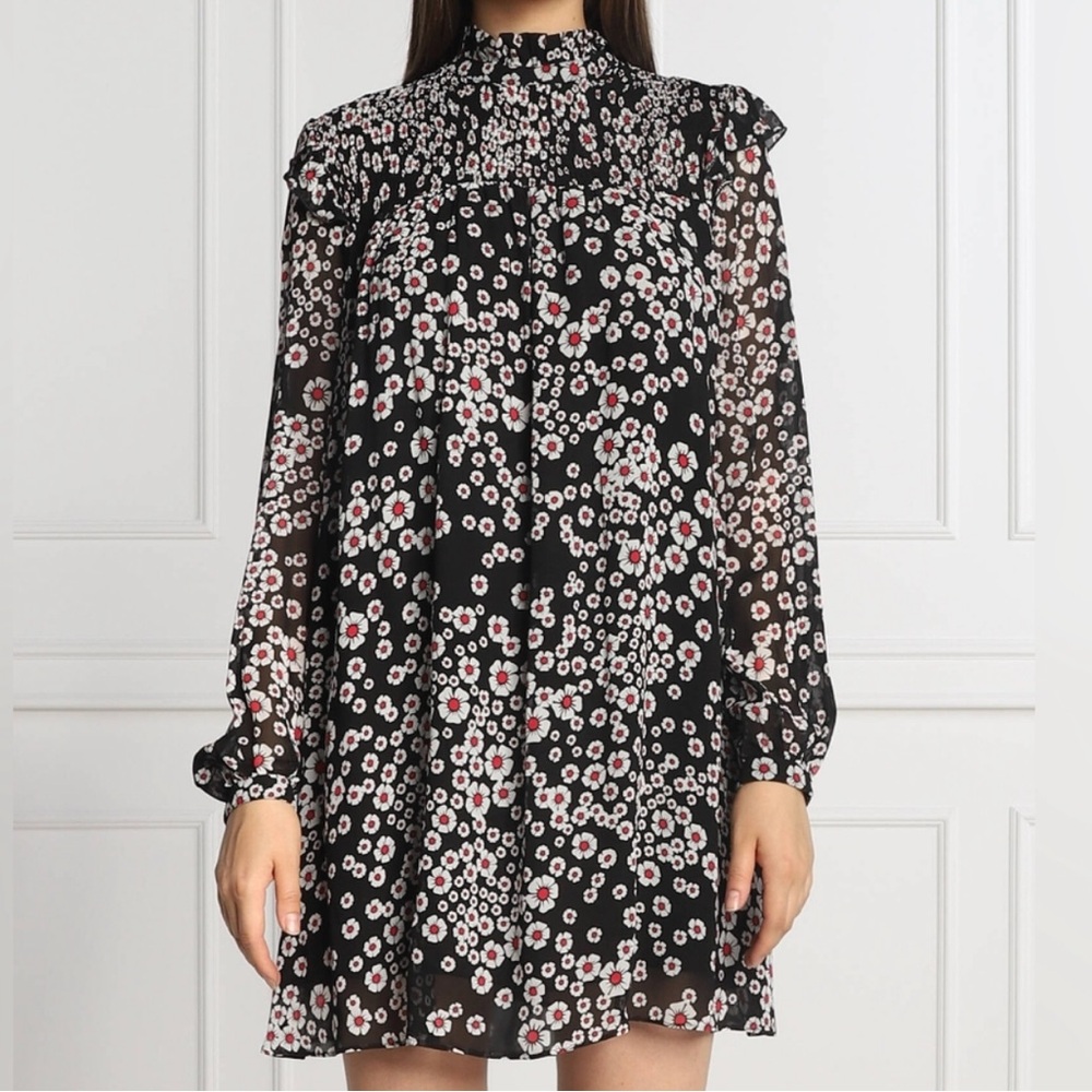 The Kooples Black Floral Smocked High-Neck Long Sleeve Mini Dress
